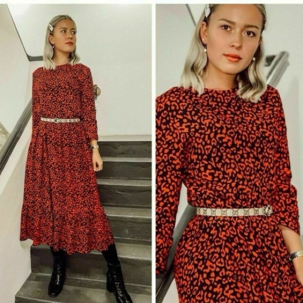 Zara Dress Womens Small Red Black Leopard Print Tiered Midi Boho 3/4 Sleeve
